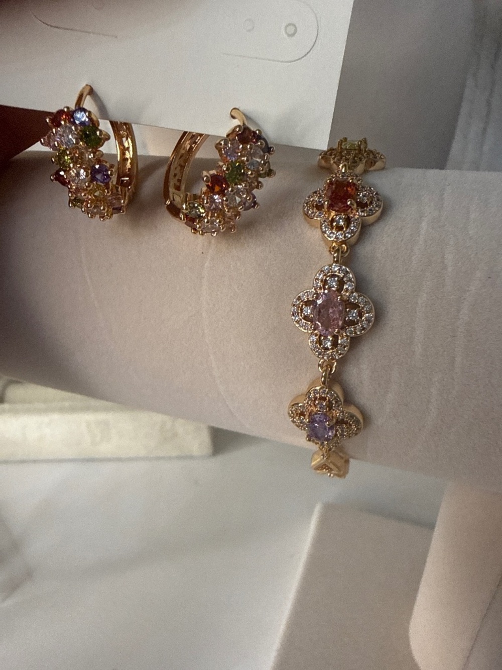 Rose Gold Multi Colored Bracelet and Huggie Earrings Set